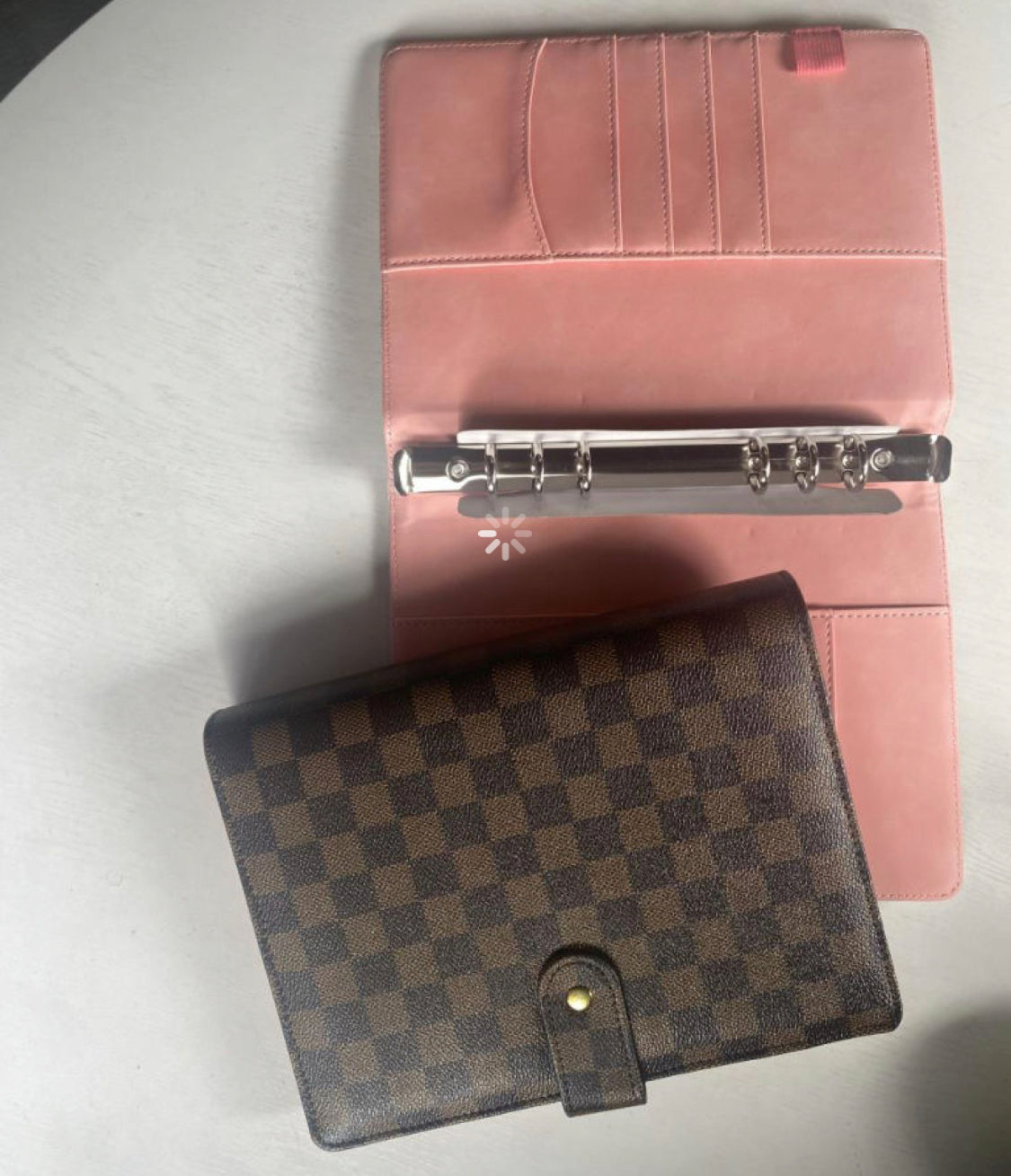 Checkered leather budget binder with 10 insert pockets-(Brown/Ivory)