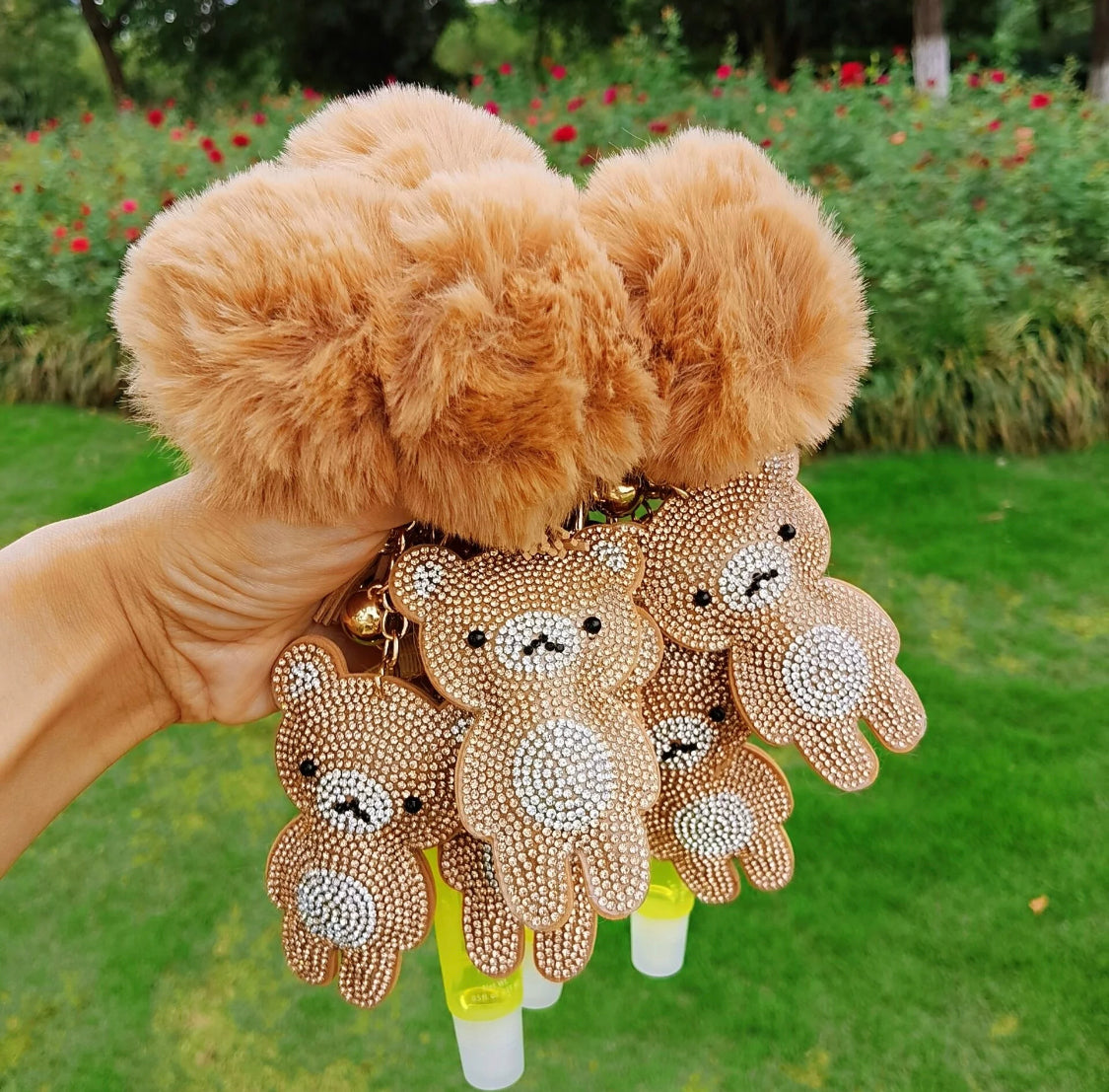 Bling teddy bear pompom keychain with lip gel