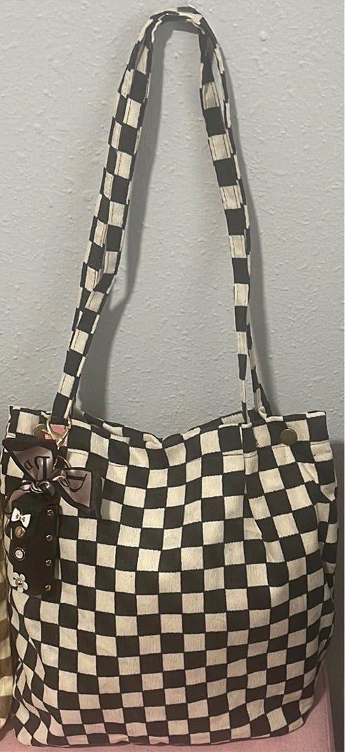 Checkered corduroy handbag with lipstick holder keychain