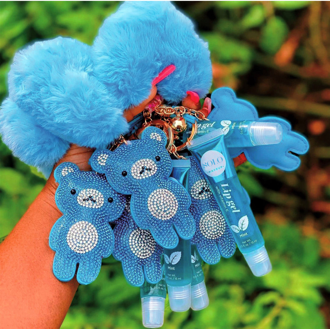 Bling teddy bear pompom keychain with lip gel