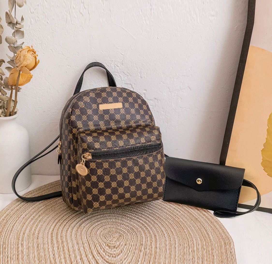 Girls leather backpack with pouch and bonus set of hair clips