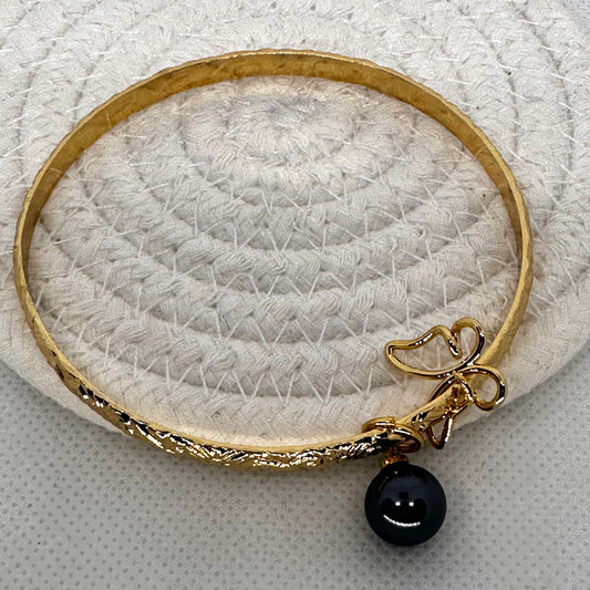 Gold Bangle with Pearl and Butterfly Charm