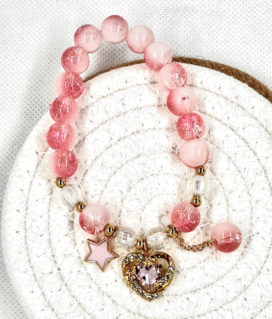 Pink Beaded Bracelet with Heart Charm