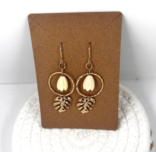 Gold Pikake/Monstera Hoop Dangle Earrings
