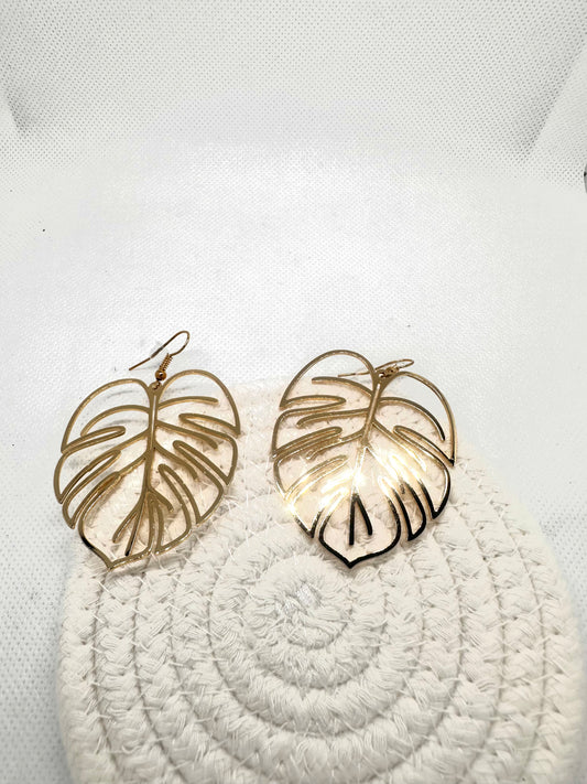 Large Gold Monstera Dangle Earrings