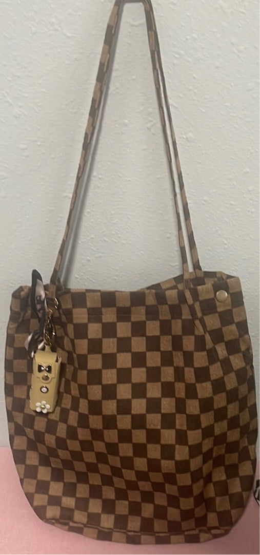 Checkered corduroy  handbag with lipstick holder keychain