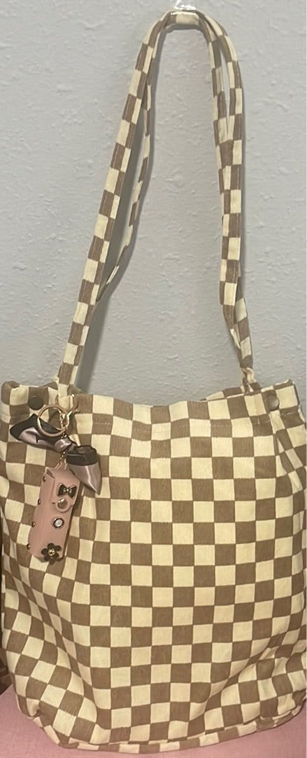 Checkered corduroy  handbag with lipstick holder keychain