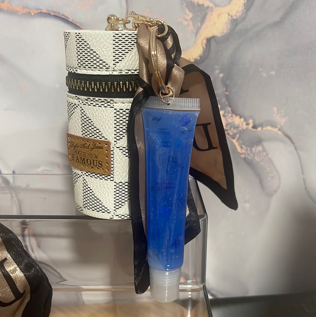 Scintillant Luxury Boutique Designer Leather Lipstick Holder Keychains with Rhinestones Brown Triangles w/ Mickey Rhinestones